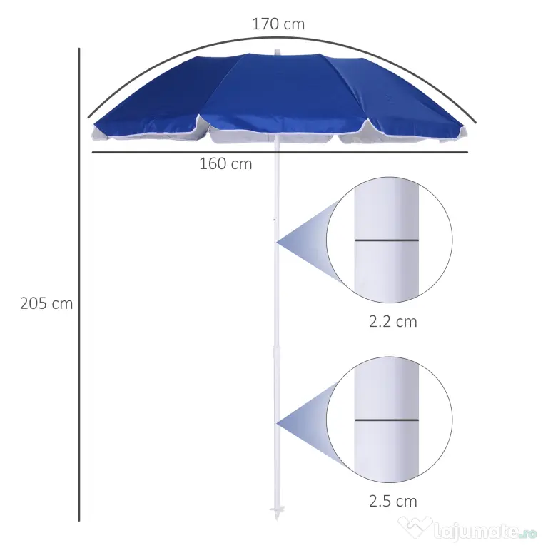 Outsunny Umbrelă de Plajă Înclinabilă cu Strat Reflectorizant, din Oțel și Poliester, Ø1.7x2.05 m, Albastră