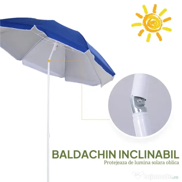 Outsunny Umbrelă de Plajă Înclinabilă cu Strat Reflectorizant, din Oțel și Poliester, Ø1.7x2.05 m, Albastră