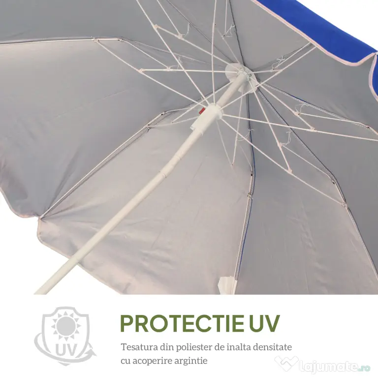 Outsunny Umbrelă de Plajă Înclinabilă cu Strat Reflectorizant, din Oțel și Poliester, Ø1.7x2.05 m, Albastră