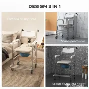 Homcom Scaun cu Roți Impermeabil cu WC și Olitǎ Detașabilă pentru Bătrâni și Persoane cu Handicap, Mobilitate și Confort