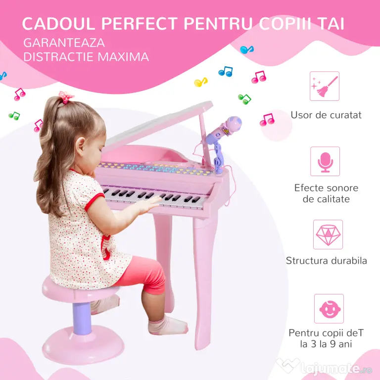 HOMCOM mini pian, jucarie pentru copii, 48×39×69 cm, roz