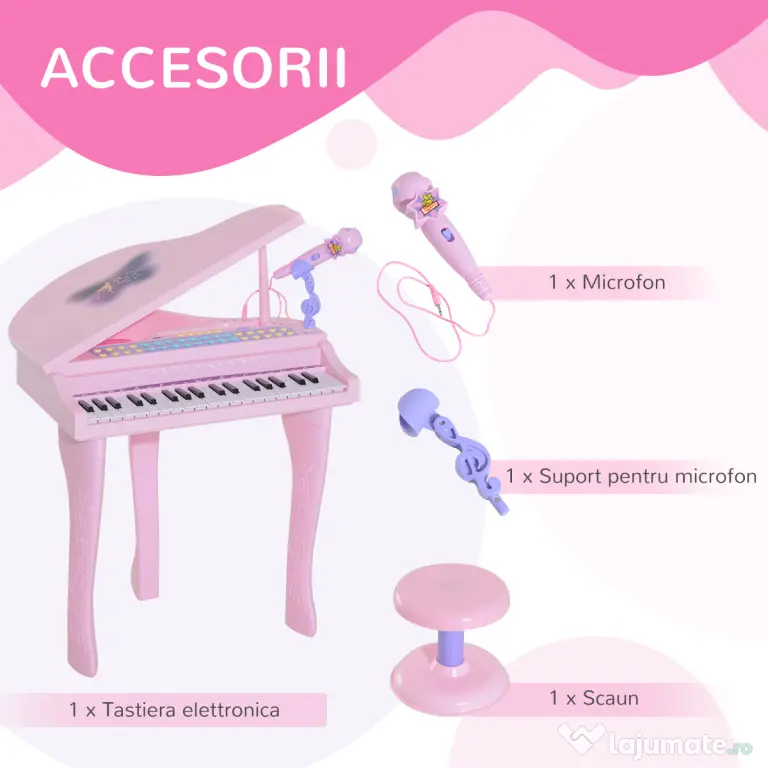 HOMCOM mini pian, jucarie pentru copii, 48×39×69 cm, roz