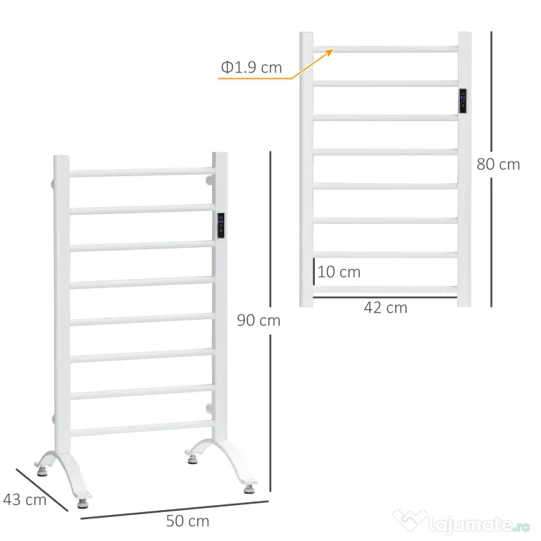 HOMCOM Incalzitor electric pentru prosoape , cu 8 bare cu temporizator incorporat si indicatoare LED, otel carbon, alb