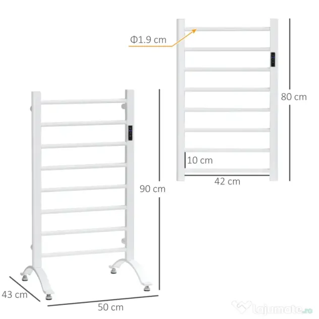 HOMCOM Incalzitor electric pentru prosoape , cu 8 bare cu temporizator incorporat si indicatoare LED, otel carbon, alb