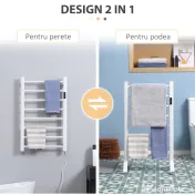 HOMCOM Incalzitor electric pentru prosoape , cu 8 bare cu temporizator incorporat si indicatoare LED, otel carbon, alb