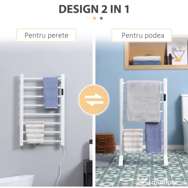 HOMCOM Incalzitor electric pentru prosoape , cu 8 bare cu temporizator incorporat si indicatoare LED, otel carbon, alb