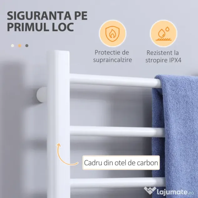 HOMCOM Incalzitor electric pentru prosoape , cu 8 bare cu temporizator incorporat si indicatoare LED, otel carbon, alb