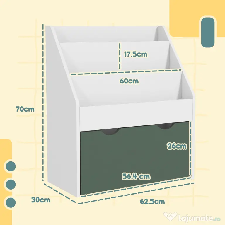 AIYAPLAY Bibliotecă pentru Copii 3-8 Ani cu 3 Rafturi și Sertar Inferior, din MDF, 62,5x30x70 cm, Verde