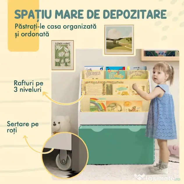 AIYAPLAY Bibliotecă pentru Copii 3-8 Ani cu 3 Rafturi și Sertar Inferior, din MDF, 62,5x30x70 cm, Verde