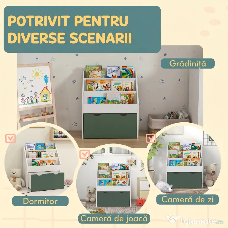 AIYAPLAY Bibliotecă pentru Copii 3-8 Ani cu 3 Rafturi și Sertar Inferior, din MDF, 62,5x30x70 cm, Verde