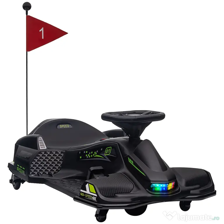 HOMCOM Go-Kart Electric pentru Copii cu Pedale, Pornire Lentă, Lumini, Muzică și Centură, 90x53x99 cm, Negru