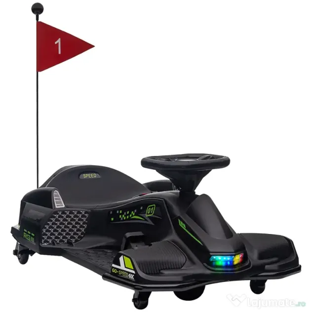 HOMCOM Go-Kart Electric pentru Copii cu Pedale, Pornire Lentă, Lumini, Muzică și Centură, 90x53x99 cm, Negru