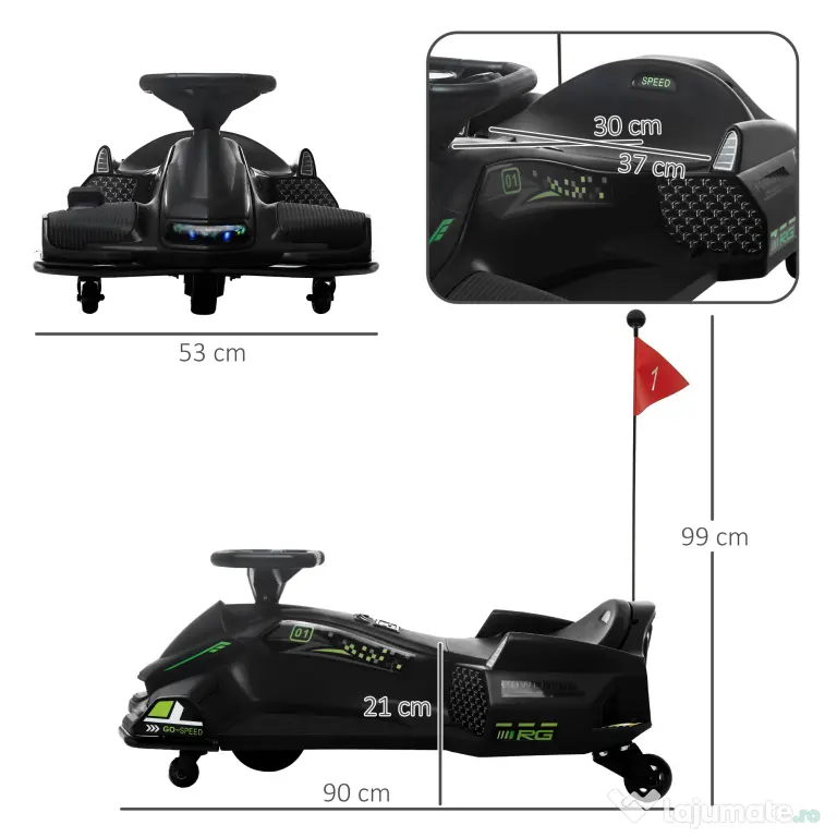 HOMCOM Go-Kart Electric pentru Copii cu Pedale, Pornire Lentă, Lumini, Muzică și Centură, 90x53x99 cm, Negru