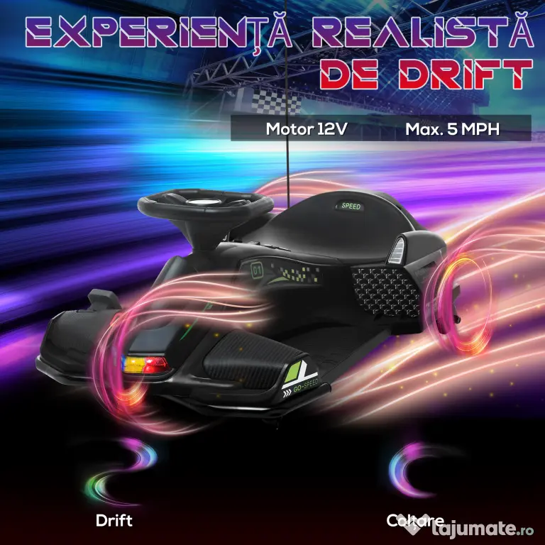 HOMCOM Go-Kart Electric pentru Copii cu Pedale, Pornire Lentă, Lumini, Muzică și Centură, 90x53x99 cm, Negru