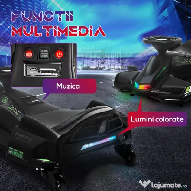 HOMCOM Go-Kart Electric pentru Copii cu Pedale, Pornire Lentă, Lumini, Muzică și Centură, 90x53x99 cm, Negru