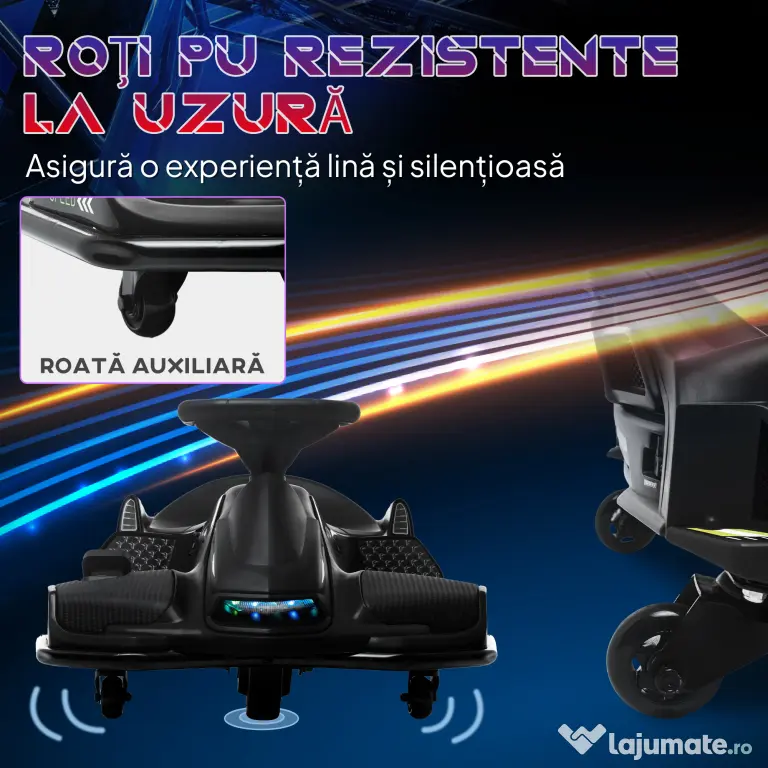 HOMCOM Go-Kart Electric pentru Copii cu Pedale, Pornire Lentă, Lumini, Muzică și Centură, 90x53x99 cm, Negru