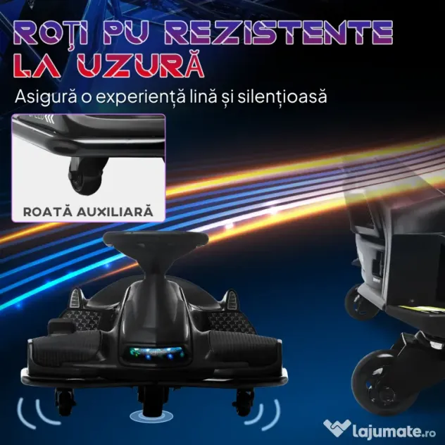 HOMCOM Go-Kart Electric pentru Copii cu Pedale, Pornire Lentă, Lumini, Muzică și Centură, 90x53x99 cm, Negru