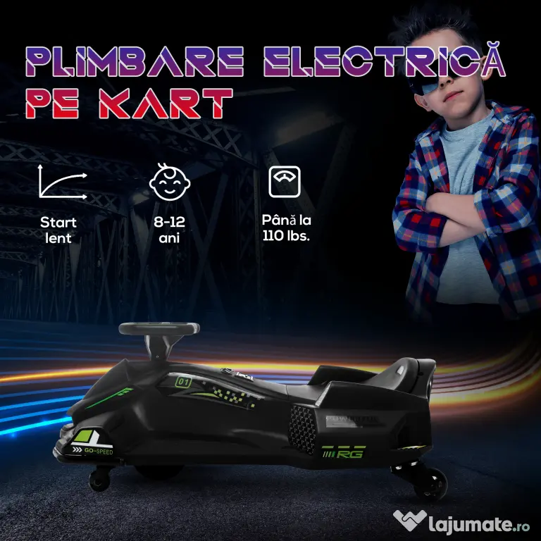 HOMCOM Go-Kart Electric pentru Copii cu Pedale, Pornire Lentă, Lumini, Muzică și Centură, 90x53x99 cm, Negru