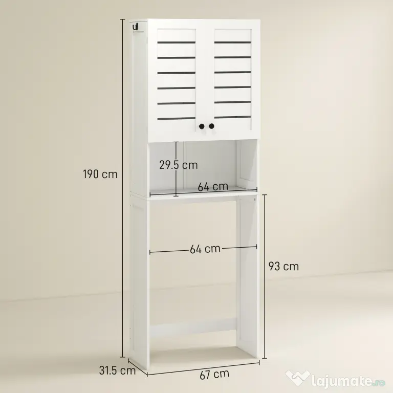 HOMCOM Dulap deasupra WC-ului cu Dulap cu 2 Uși și Raft Deschis, din Lemn Alb, 67x31.5x190 cm