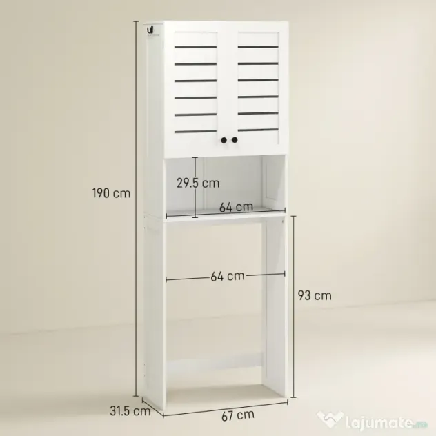 HOMCOM Dulap deasupra WC-ului cu Dulap cu 2 Uși și Raft Deschis, din Lemn Alb, 67x31.5x190 cm