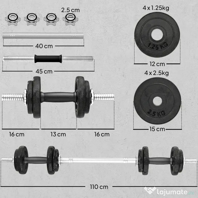 SPORTNOW Set greutăți și halter de 20 kg cu mânere antiderapante, 8 discuri de greutăți, bară de halter și 2 bare pentru gantere din oțel