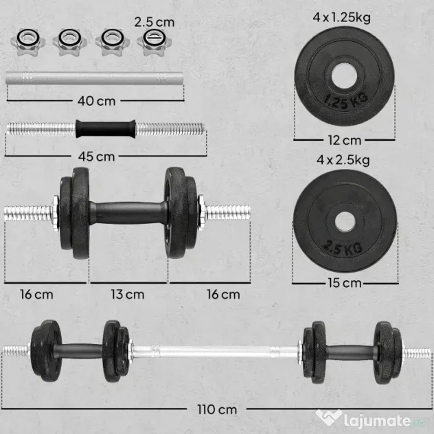 SPORTNOW Set greutăți și halter de 20 kg cu mânere antiderapante, 8 discuri de greutăți, bară de halter și 2 bare pentru gantere din oțel