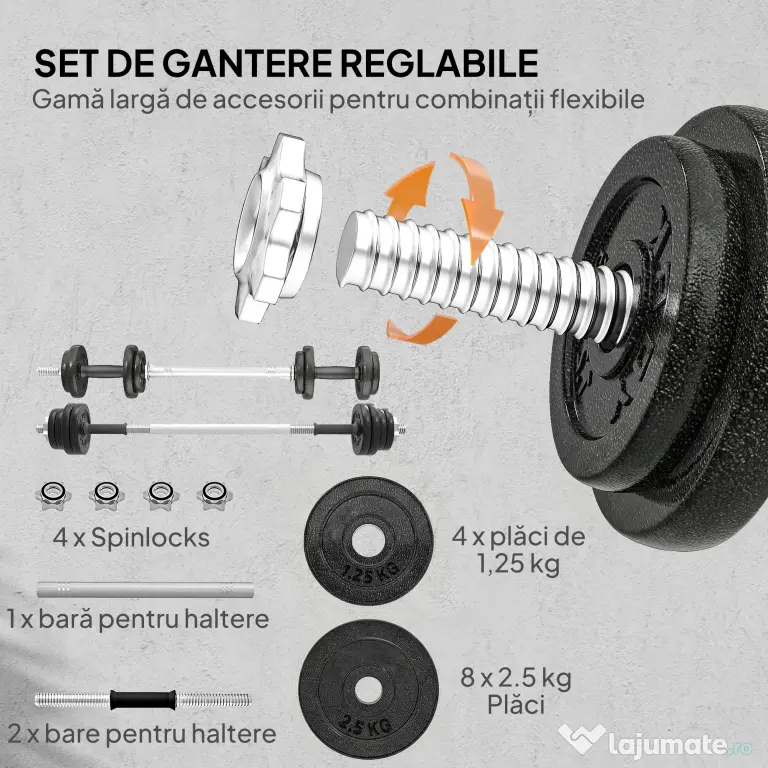 SPORTNOW Set greutăți și halter de 20 kg cu mânere antiderapante, 8 discuri de greutăți, bară de halter și 2 bare pentru gantere din oțel