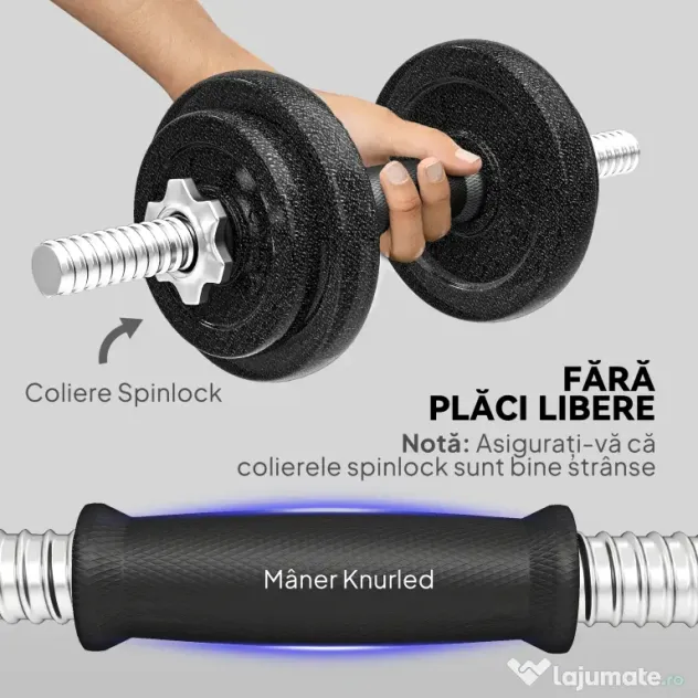 SPORTNOW Set greutăți și halter de 20 kg cu mânere antiderapante, 8 discuri de greutăți, bară de halter și 2 bare pentru gantere din oțel