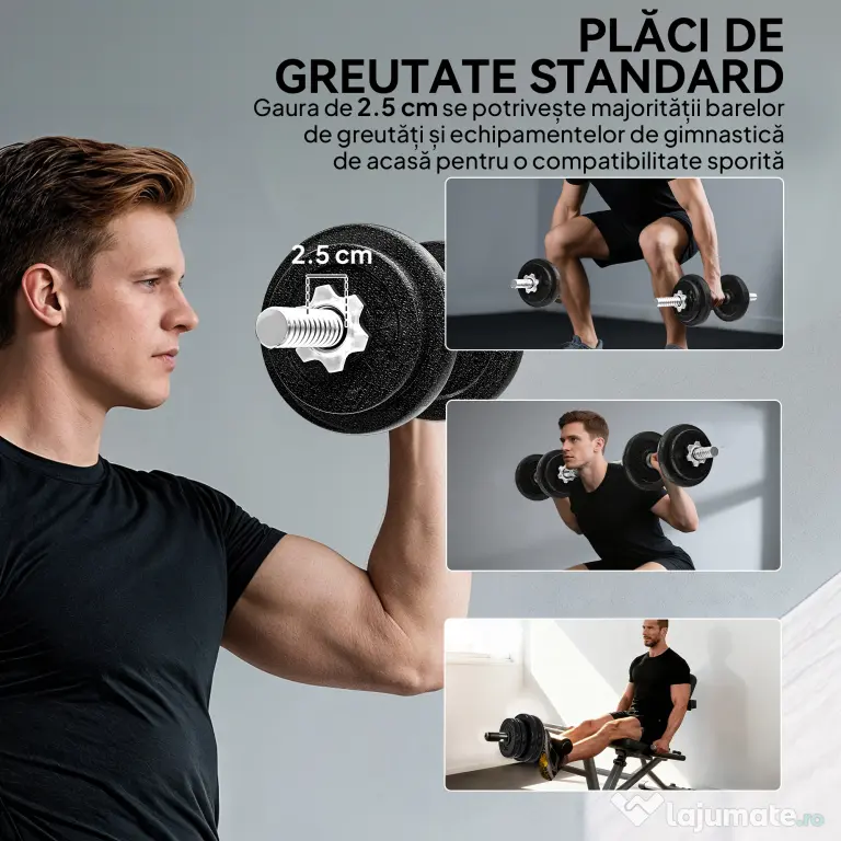 SPORTNOW Set greutăți și halter de 20 kg cu mânere antiderapante, 8 discuri de greutăți, bară de halter și 2 bare pentru gantere din oțel