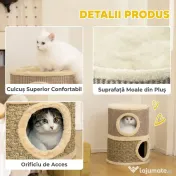 PawHut Căsuță pentru Pisici cu Stâlp de Zgâriat, Tip Turn, 2 Culcușuri, Sisal și Iarbă de Mare, Margini din Pluș, Kaki 