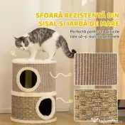 PawHut Căsuță pentru Pisici cu Stâlp de Zgâriat, Tip Turn, 2 Culcușuri, Sisal și Iarbă de Mare, Margini din Pluș, Kaki 