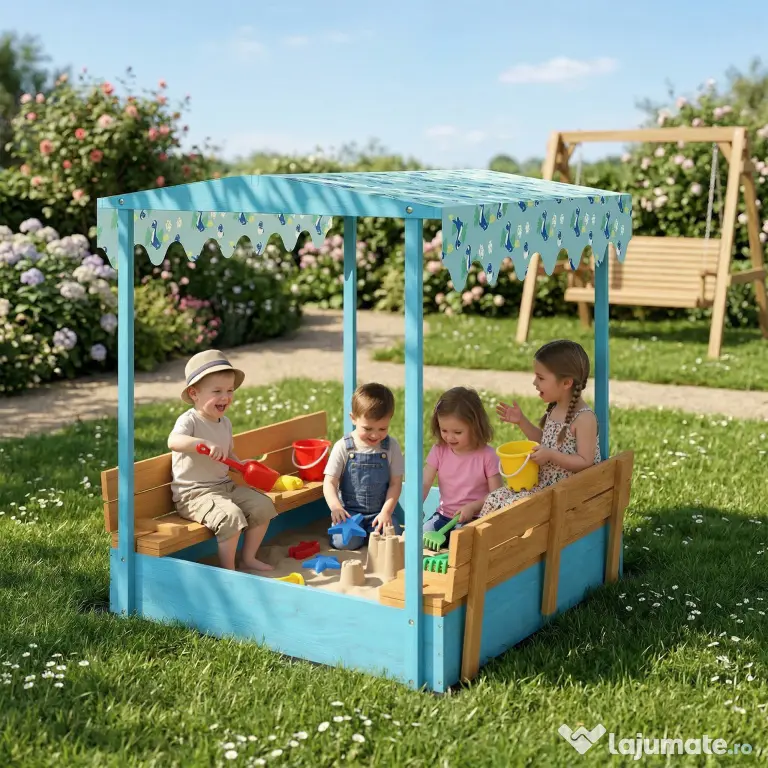 AIYAPLAY Lădiță cu Nisip pentru Copii 3-6 Ani cu Acoperiș Dinosauri, Bănci Pliabile, Capac și Husă Incluse, Lădiță de Nisip din Lemn de Brad, 134,5x127,5x130 cm, Albastru