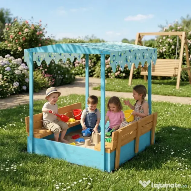 AIYAPLAY Lădiță cu Nisip pentru Copii 3-6 Ani cu Acoperiș Dinosauri, Bănci Pliabile, Capac și Husă Incluse, Lădiță de Nisip din Lemn de Brad, 134,5x127,5x130 cm, Albastru