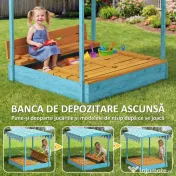 AIYAPLAY Lădiță cu Nisip pentru Copii 3-6 Ani cu Acoperiș Dinosauri, Bănci Pliabile, Capac și Husă Incluse, Lădiță de Nisip din Lemn de Brad, 134,5x127,5x130 cm, Albastru 