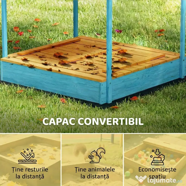AIYAPLAY Lădiță cu Nisip pentru Copii 3-6 Ani cu Acoperiș Dinosauri, Bănci Pliabile, Capac și Husă Incluse, Lădiță de Nisip din Lemn de Brad, 134,5x127,5x130 cm, Albastru