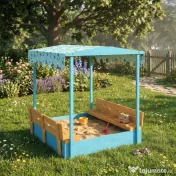 AIYAPLAY Lădiță cu Nisip pentru Copii 3-6 Ani cu Acoperiș Dinosauri, Bănci Pliabile, Capac și Husă Incluse, Lădiță de Nisip din Lemn de Brad, 134,5x127,5x130 cm, Albastru 