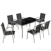 Set mobilier de grădină Outsunny, 7 piese, cu 6 scaune stivuibile din Textilenă și masă cu blat din sticlă, Negru și Argintiu 