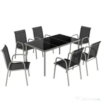 Set mobilier de grădină Outsunny, 7 piese, cu 6 scaune stivuibile din Textilenă și masă cu blat din sticlă, Negru și Argintiu 