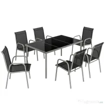 Set mobilier de grădină Outsunny, 7 piese, cu 6 scaune stivuibile din Textilenă și masă cu blat din sticlă, Negru și Argintiu