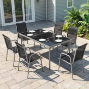 Set mobilier de grădină Outsunny, 7 piese, cu 6 scaune stivuibile din Textilenă și masă cu blat din sticlă, Negru și Argintiu 
