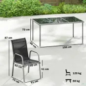 Set mobilier de grădină Outsunny, 7 piese, cu 6 scaune stivuibile din Textilenă și masă cu blat din sticlă, Negru și Argintiu 