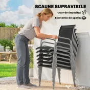 Set mobilier de grădină Outsunny, 7 piese, cu 6 scaune stivuibile din Textilenă și masă cu blat din sticlă, Negru și Argintiu 