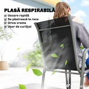 Set mobilier de grădină Outsunny, 7 piese, cu 6 scaune stivuibile din Textilenă și masă cu blat din sticlă, Negru și Argintiu 