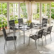 Set mobilier de grădină Outsunny, 7 piese, cu 6 scaune stivuibile din Textilenă și masă cu blat din sticlă, Negru și Argintiu 