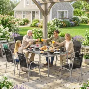 Set mobilier de grădină Outsunny, 7 piese, cu 6 scaune stivuibile din Textilenă și masă cu blat din sticlă, Negru și Argintiu 