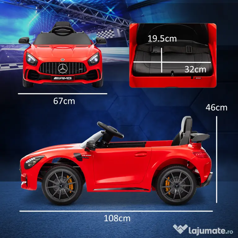 AIYAPLAY Mașină electrică pentru copii Mercedes-AMG GTR, 2 motoare, telecomandă, 3-5 km/h, roșu, 3-6 ani