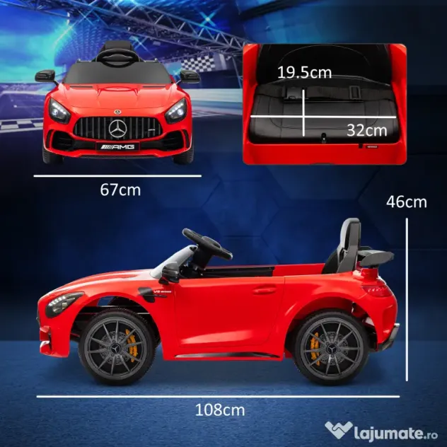 AIYAPLAY Mașină electrică pentru copii Mercedes-AMG GTR, 2 motoare, telecomandă, 3-5 km/h, roșu, 3-6 ani