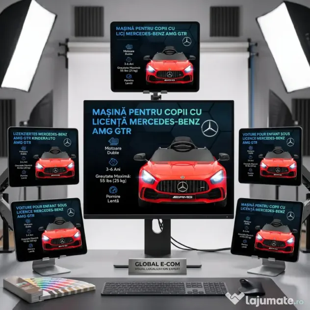 AIYAPLAY Mașină electrică pentru copii Mercedes-AMG GTR, 2 motoare, telecomandă, 3-5 km/h, roșu, 3-6 ani