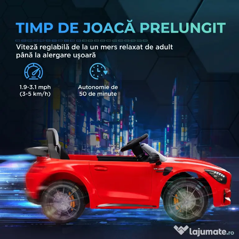 AIYAPLAY Mașină electrică pentru copii Mercedes-AMG GTR, 2 motoare, telecomandă, 3-5 km/h, roșu, 3-6 ani