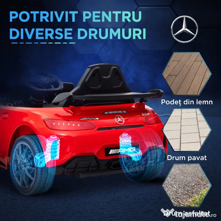 AIYAPLAY Mașină electrică pentru copii Mercedes-AMG GTR, 2 motoare, telecomandă, 3-5 km/h, roșu, 3-6 ani